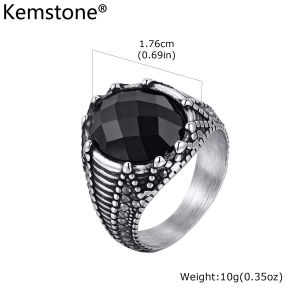 Kemstone Black Glass Onyx Stainless Steel Geometric Ring for Men Vintage Style Fashion Jewelry