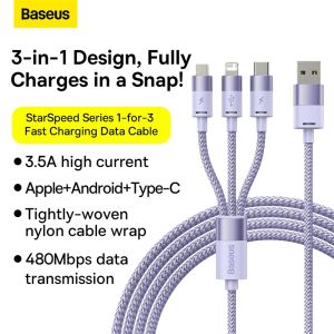 Baseus 3 in 1 USB Cable Fast Charging for iPhone 14 13 12 Pro Max 3.5A Micro USB Type C Cable for Samsung Xiaomi Huawei Phone Date Wire Cord