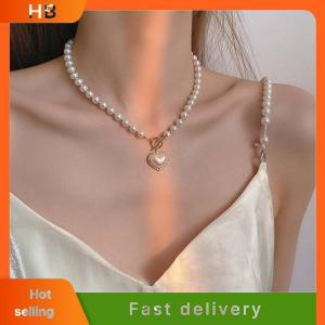 HB Korean Elegant Jewelry Pearl Necklace Ladies Rhinestone Shell Heart Pendant