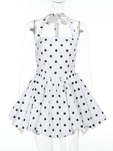 TARUXY Polka Dot Vacation Mini Dress For Women High Waist A-line Ball Gown Dress Sleeveless Halter Neck Female Summer Fashion2026