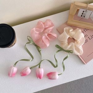ห่วงผมยืดหยุ่นมัดผมรูปดอกทิวลิปแสนหวานสำหรับผู้หญิงหญิงสาวฤดูร้อนมีพู่ผูกโบว์ที่สง่างาม