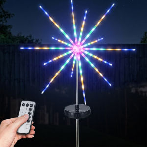 Single Pack Solar Firework Lights 38 Inch Tall Outdoor Garden Decor Waterproof IP65 Remote Control 8 Lighting Modes Meteor Starburst Pathway Lights Warm White Multi Color