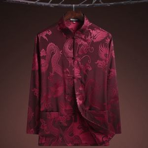 2024 Embroidery Dragon Tang Suit Long Sleeve Silk Satin Shirt Plus Size Traditional Costumes SamFu Chinese New Year Shirt CNY Men Clothes Dad Blouse Grandpa Tops 龙唐装 汉服 古装㏇0703