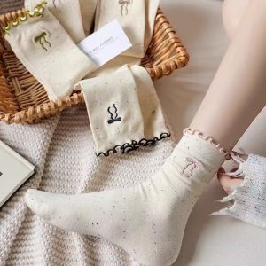 Lolita Ribbon Lace Korean Style Long Socks Women JK Japanese Casual Socks Cotton Socks (5Pairs)