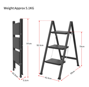 Locaupin 3 Steps Ladder Black Aluminum Alloy Light Weight Folding with Anti-Slip & Wide Pedal for Home and Kitchen Space Saving