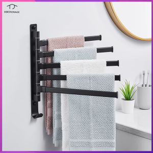 HKStorage Black Bathroom 2/3/4/5 Arms Swivel Towel Bar Space Saving Swinging Towel Rack Wall Mounted Towel Holder with Hooks