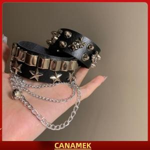 Miễn phí vận chuyển✨ Punk Gothic sọ Vòng đeo tay chuỗi kim loại gai đinh tán PU da dây đeo cổ tay Cuff Bangle rộng Cuff Vòng đeo tay phụ nữ người đàn ông đồ trang sức