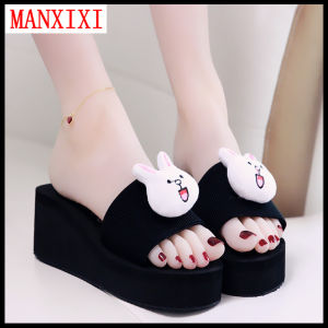 MANXIXI แบรนด์ที่สวยงามรองเท้าแตะแบน 2.36 นิ้วรองเท้าแตะลิ่มเจี๊ยบกระต่ายหมีฝังยาง แต่เพียงผู้เดียวที่มีความทนทานสีดำรองเท้าสำหรับผู้หญิง (34-39 ขนาด)