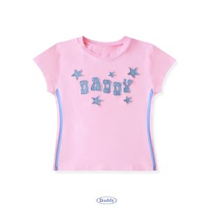 DADDY | C  เสื้อ Baby Tee รัดรูป ปักกรุยดาวผ้ายีนส์ สีดำ สีชมพู สีขาว สีครีม