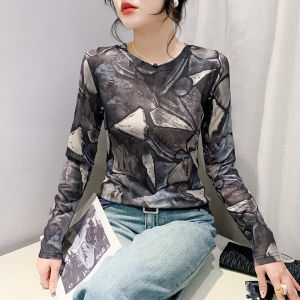 YIMEI 2024เสื้อยืดแขนคอกลมยาวสำหรับผู้หญิงเสื้อแฟชั่นเข้ารูปพอดีฤดูใบไม้ร่วงและฤดูหนาวเสื้อซับในเสื้อพิมพ์ลายทันสมัย