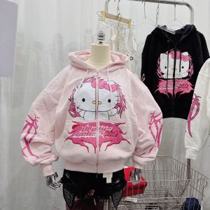 ÁO KHOÁC NỮ IN HELLO KITTY MÈO LỬA – HOODIE NỈ DÀY FORM RỘNG DỄ PHỐI OUTFIT