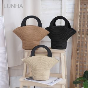 Womens Stylish Hat-Shaped Straw Woven Handbag Summer Beach Tote Bag Handmade Wheat Straw Bucket Bag for Holiday Travel2026