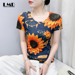 LMD เสื้อเชิ้ตผู้หญิงแขนสั้นวินเทจแขนสั้นพิมพ์ลายดอกทานตะวันเสื้อยืดคอกลมเสื้อยืดผ้าตาข่ายผ้ายืดพิมพ์ลายดอกทานตะวันสำหรับฤดูร้อน Sablon Bunga