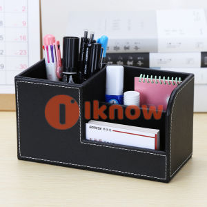 PU Leather Multi-Function Desk Organizer Pen Pencil Storage Box Business Cards Stand Mobile Phone/Remote Control Holder Office Supplies