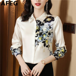 AFEG Korean style fashion loose and versatile temperament silk satin print long-sleeved blouse for women