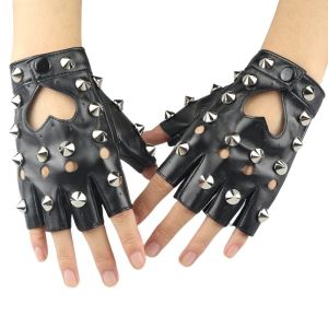 NBANLIKE Fingerless Rivet Gloves Leopard Print PU Leather Half-palm Gloves Fashion Y2K Patent Leather Gloves Girls