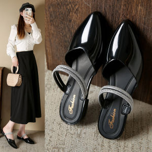 [Free Shipping] WomenS Summer 2025 New Style Pointed Toe Chunky Heel Mules For Outdoor Wear Flat Slip-On Shoes