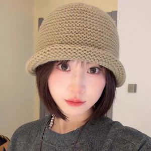 NALANILI Vải dệt thô Mũ len kiểu ngư dân Bảo vệ tai Cạnh cuốn Mũ len Thời trang màu đơn sắc Mũ xô Mùa Thu và Mùa Đông