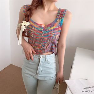 Chili_k k เสื้อท็อปสายเดี่ยว เสื้อท็อปแขนกุดผ้าถักสําหรับผู้หญิง เสื้อท็อปสายฝอ ใส่น่ารักมากก 0778