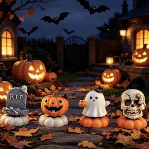 PLUMFOU Gothic Style Rotating Pumpkin Ghost Ornament Resin Spooky Ghost Pumpkin Skull Figurine Wacky Rotating Halloween Pumpkin Statue Home Decoration