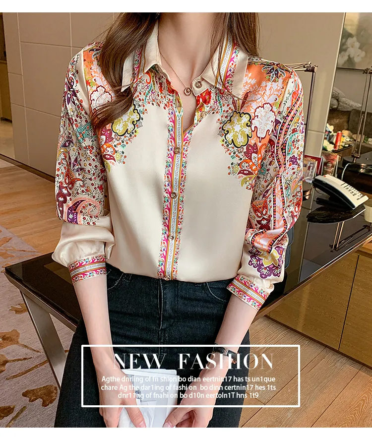 Women Embroidery Flowers Satin Shirt Long Sleeve Tops Elegant