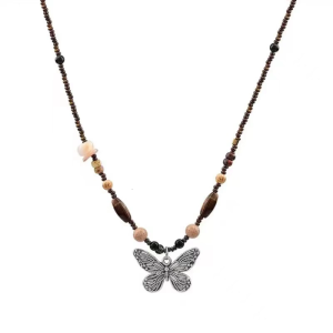 Bohemian Hand-woven Natural Stone Necklace Summer Beach Color Beaded Butterfly Pendant Necklace Suitable for Female