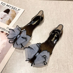 [Free Shipping] WomenS New Jelly Shoes Korean Style Flat Fish Mouth Sandals Flat Plastic Transparent Bow Beach Vacation Sandals