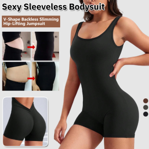 V-Shaped Backless Slim-Fit Hip Lift Romper Women Sleeveless Square Neck Bodycon Jumpsuit Casual Solid Color Bodysuit