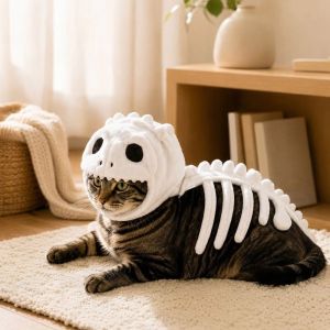 YUBAGUANB Glow in Dark Dinosaur Skeleton Cat Costume Soft Plush Hood Outfit Pet Dino Skull Hooded Costume Scary 3D Dinosaur Bone Dinosaur Bone Cat Headgear Halloween Party