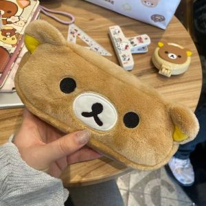 HAPPY DROPS Plush Head Doll Rilakkuma Plush Pencil Bag Big Head Design Zipper Closure Kawaii Pen Bag Anime Style Portable Size Cartoon Bear Storage Pouch Student Stationery