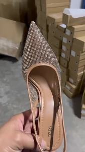 FEZA New 2024 Summer Pointed Toe Back Bandage Stiletto Heel High Heels Womens Bright Rhinestone Slingback Fashion Single Sandals Women