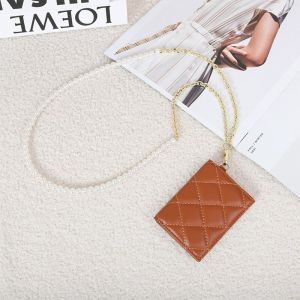 Royal Bagger Elegant Card Holder for Women Genuine Sheepskin Leather Female Mini Purse Hanging Neck Shoulder Bag Pearl Chain Strap Quilted
