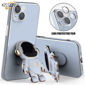 【With Len Film+Bracket】KISSCASE Luxury Plating Cute Astronaut Stand Holder Case For iPhone 13 12 11 Pro Max XR XS 7 8Plus Luxury Plating Bracket Cover with Lens Protective Film