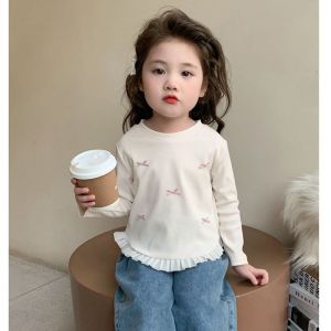 TUmama Áo thun xếp nếp nơ cho bé gái áo thường ngày mùa thu dài tay phong cách xuân mới