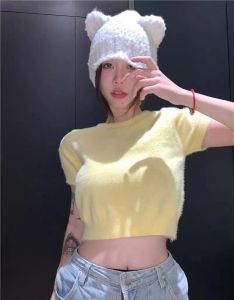 AN-80069  Furry Crop Tops Slim Fit Fur T-Shirts Top Short Sleeve Round Neck Knitted Top Summer Tosps Kpop Tops High Quality