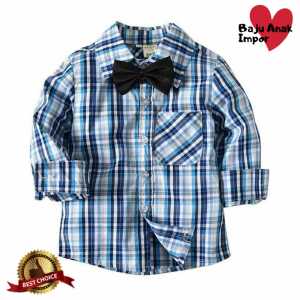 Kemeja Anak Laki Laki Blue Black Bow Atasan Kemeja Anak Kotak Kotak Import Murah Berkualitas Branded
