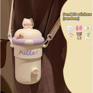 Aoduoyaya Straw Water Bottle Cute Crossbody Glass Cup with 3D Stickers Leakproof Tumbler Straw Cup