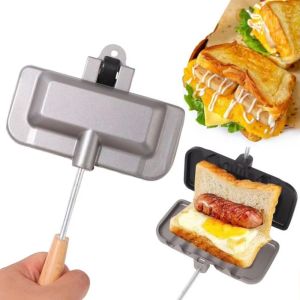 GAOSU รูปสี่เหลี่ยมผืนผ้า ถาดอบแซนด์วิช สองด้าน ด้ามยาว กระทะทอดแซนวิช ทำความสะอาดง่าย เคลือบไม่ติด เตาย่างแซนวิชสองสี ชุดเครื่องครัว