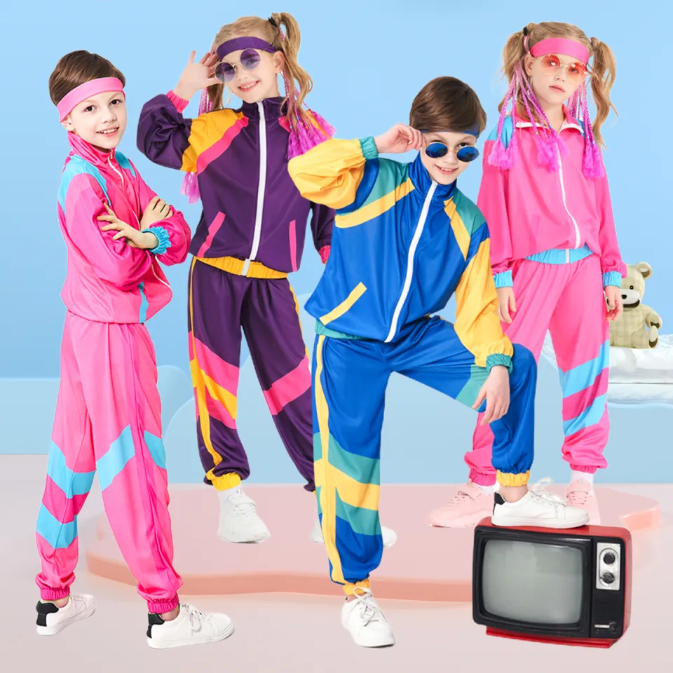 Boys and Girls 80s Tracksuit Kids Hip Hop Costume Top Pants Sets