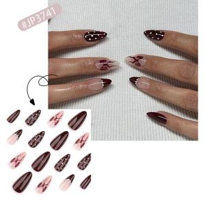 24Pcs Almond Press on Nail Bowknot Design French Fake Nail Acrylic False NailArtificial Nail Glues on Nail for Womens