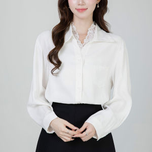 AMMIN 2025 Early Autumn New Embroidered Hollow Lace Patchwork Lapel Pocket Single-Breasted Long Sleeve Shirt for Women Korean Style Simple Solid Color Commuting Elegant Blouse