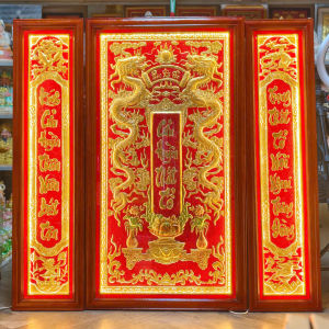 Tranh Cửu Huyền Thất Tổ Bằng Đồng Khung Gỗ Đỏ cao 1m27 – Có đèn