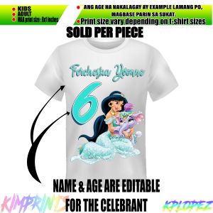 PRINCESS JASMINE DESIGN PERSONALIZED GIRLS BIRTHDAY T-SHIRT DESIGN CUSTOMIZED DESIGN IN TSHIRT WITH NAME SUBLIMATION PRINT WHITE SHIRT
