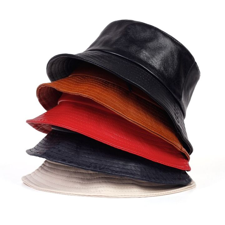 Fashion PU Bucket Hat Leather Fishing Cap Soild Foldable Hiking Hats Hip  Hop Street Waterproof Panama Hats for Women Men Gorras