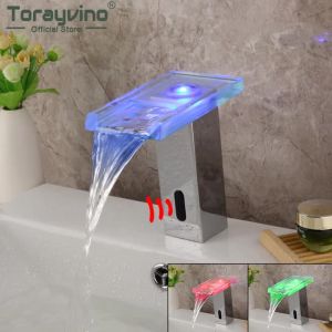 LDIES Torayvino LED Light Induction Bathroom Faucet Brass Solid Automatic Basin Sensor Faucets Waterfall Spout Sink Mixer Water Tap Q8Z3P
