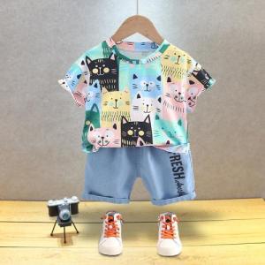 ชุดเด็กเสื้อยืดคอกลมแขนสั้นพิมพ์ลายการ์ตูนลูกแมวกางเกงขาสั้นเดนิมตัวอักษรลดราคาฤดูร้อน