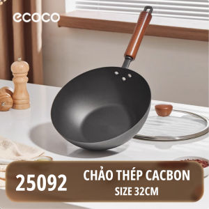 Chảo thép Titan ECOCO không tráng phủ 32cm cao cấpchống dính vật lý Chảo Titan tròn cán gỗ chuyên dụng xào nấu nhà bếp