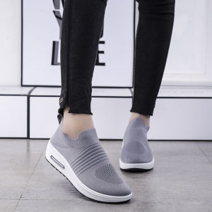 Hot Seller Slip On Air Cushion Women Sneakers On Sale Low Cut Comfortable Light Weight Sport Shoes Fly Woven Casual Black Rubber Jogger Shoes