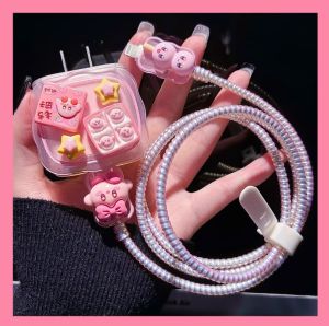 Pink Rice Ball Kirby Charger Protector for iPhone Charger 18/20W USB C Casing for Charger Plug USB Cable Spring Line Wrap Protector Data Line Cord Organize Winding Wire Tie Soft TPU Cover for Android Type-C