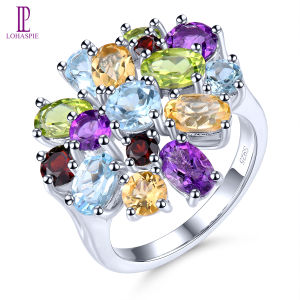 Lohaspie Jewelry Original 5.8 Carats 925 Real Sterling Silver Ring Natural Sky Blue Topaz Citrine Ring Multicolor Gemstone Citrine Ring for Women Jewelry Wedding Ring